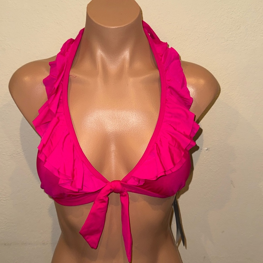 NWT Kenneth Cole bikini top halter bra ruffle pink